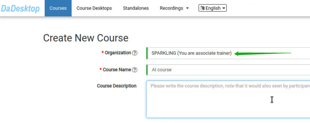 Associate trainer creates course under associate organization