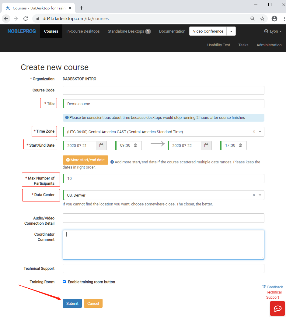 create new course fields mandatory