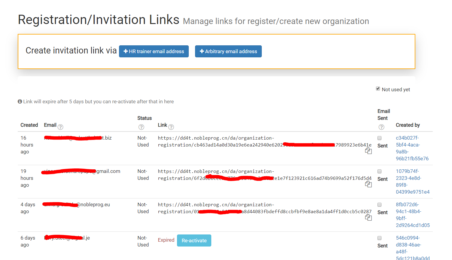 Invitation links for registration