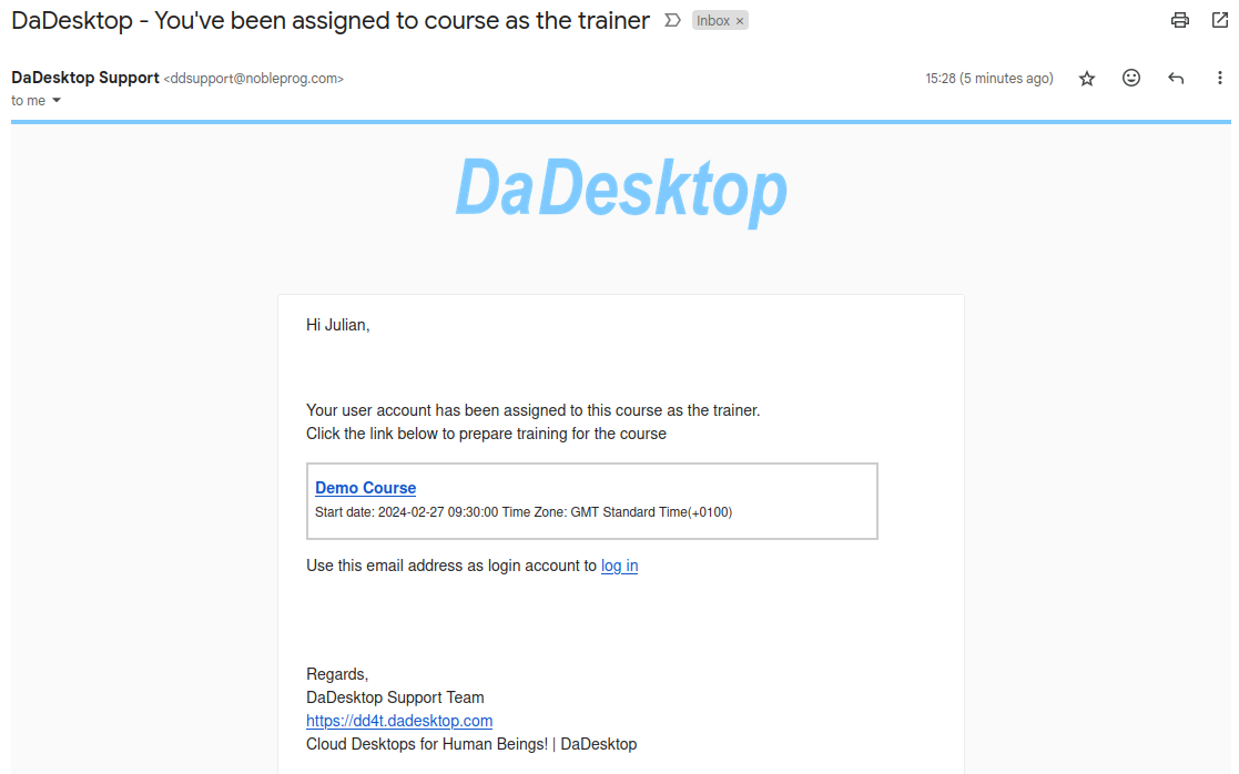 Trainer receives assignment email for course